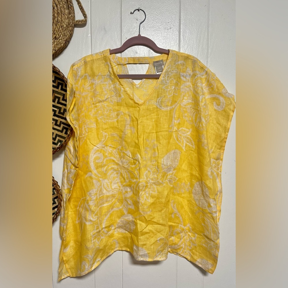Chico's Top Poncho Blouse Linen Yellow Floral V-Neck Short Sleeve Oversized S/M